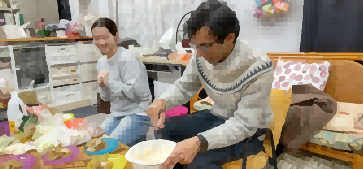 お好み焼きの具材を混ぜる