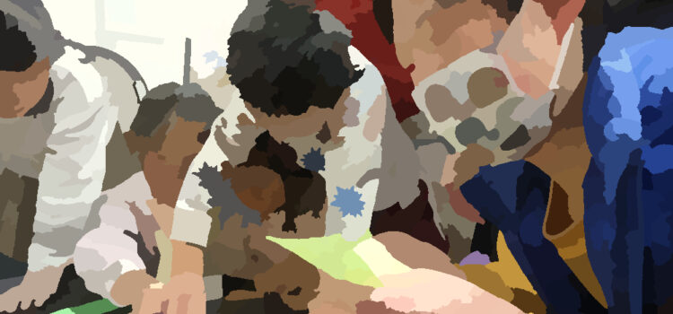 鬼ブレスレット作り、雪の公園 ~2月てらこや報告~ 手作り作品の材料を選んでいるところ